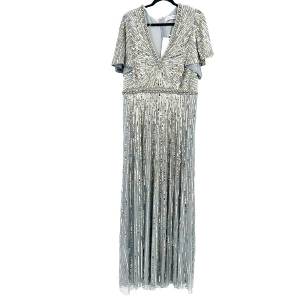 Mac Duggal Embellished V Neck Butterfly Sleeve Column Gown Platinum Size 18 NWT - Picture 9 of 12